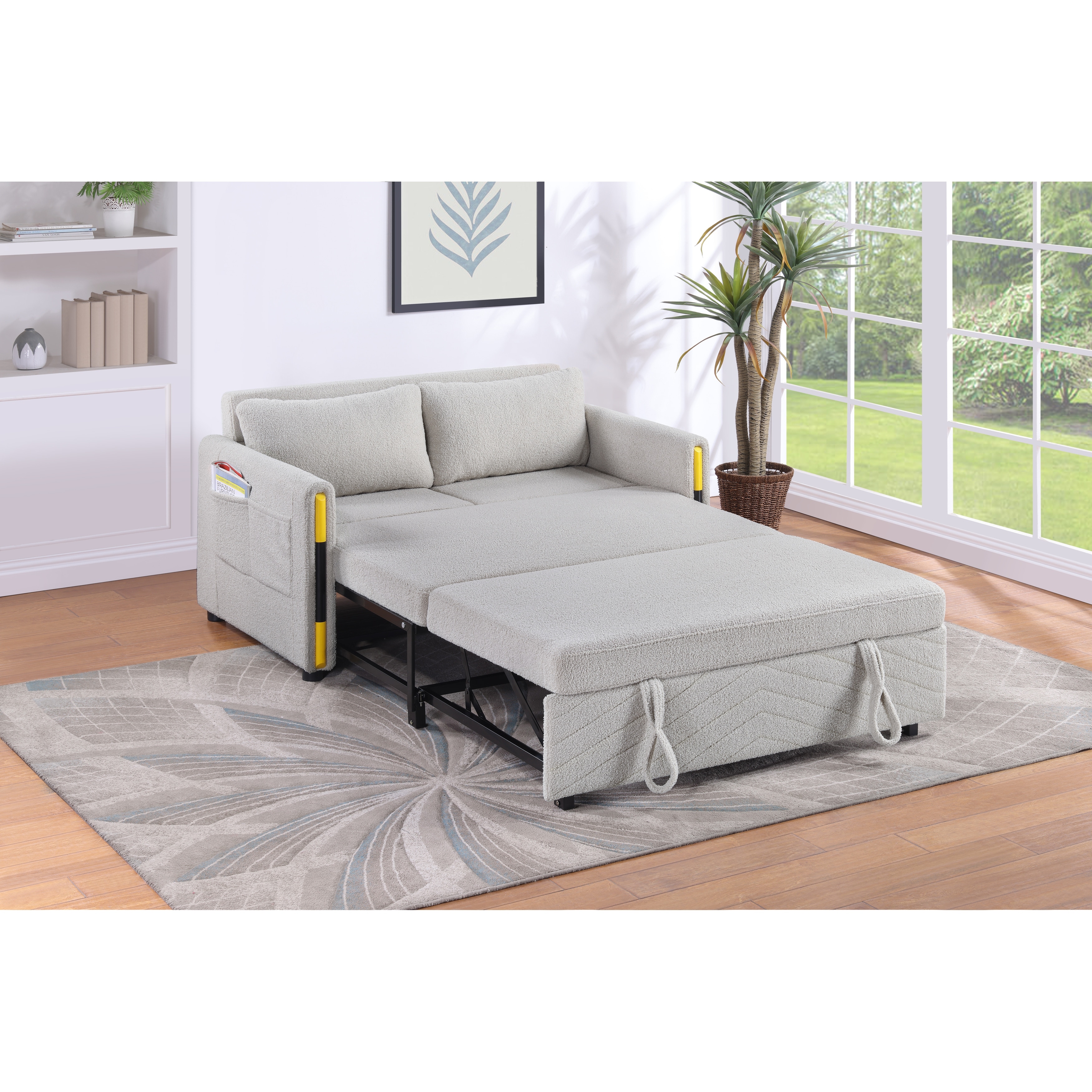 3 in 1 Convertible Sleeper Sofa Bed, Couch Settee with Reclining Backrest, Teddy Velvet Loveseat with Toss Pillows