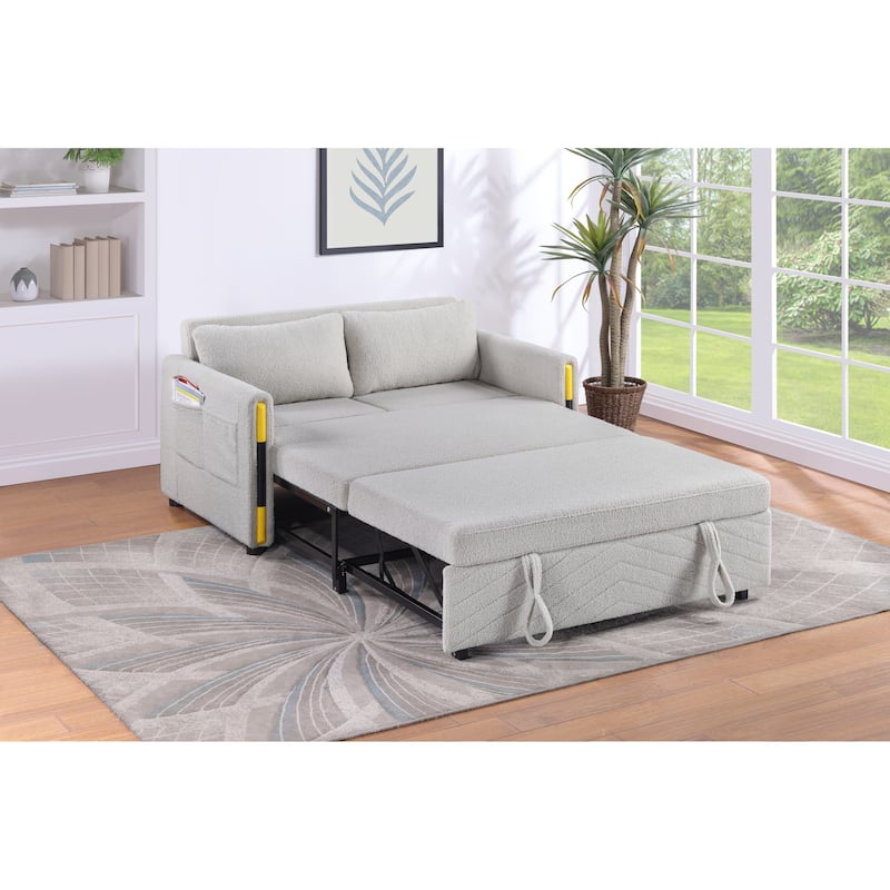 55.5"W Beige Teddy Velvet Sleeper Loveseat With Dual-Pull Sleeper Design - Beige
