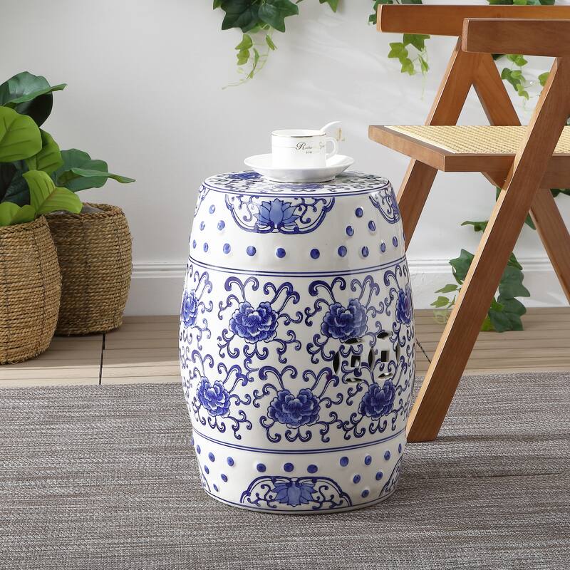 Lotus Flower 17.8" Chinoiserie Ceramic Drum Garden Stool, Blue/White