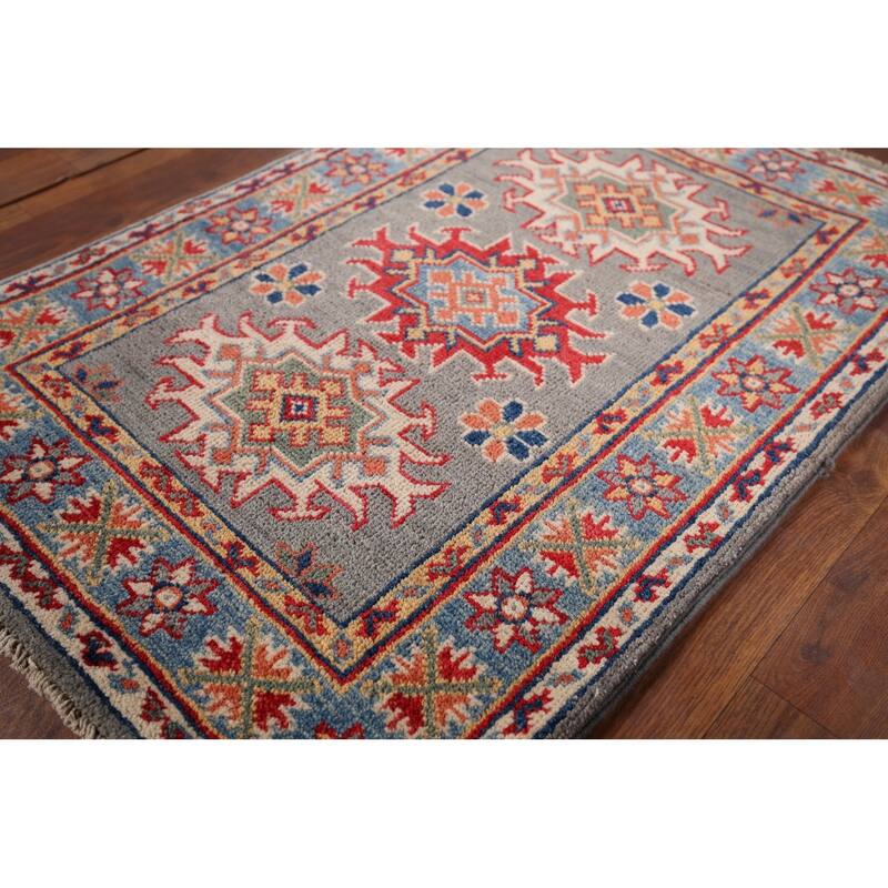 Gray Geometric Kazak Oriental Foyer Rug Hand-Knotted Wool Carpet - 2'0" x 3'0"