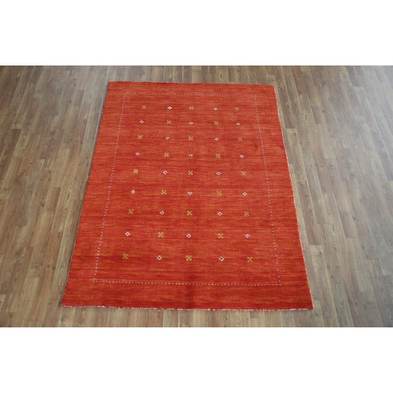Tribal Orange Red Gabbeh Indian Rug Handmade Wool Carpet - 4'9" x 6'3"
