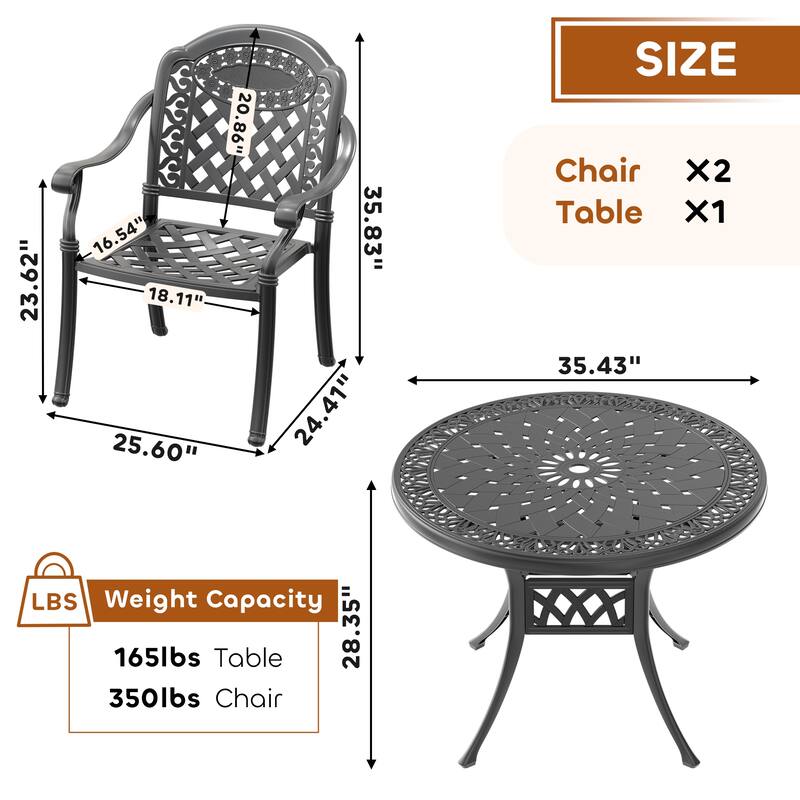 3/5-Piece Cast Aluminum Outdoor Dining Set with 35.43 in. Round Table and Random Color Cushions