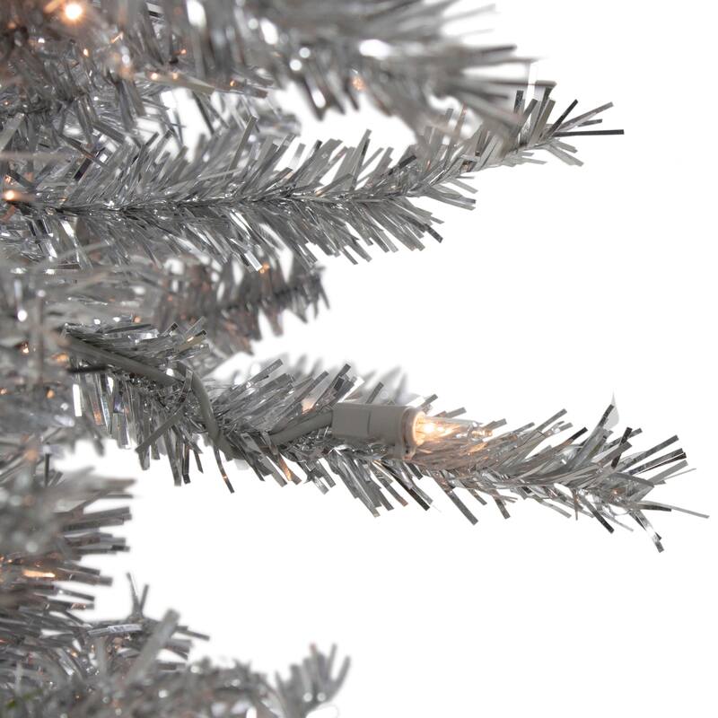 6.5' Silver Tinsel Pine Slim Artificial Christmas Tree Clear Lights - 6.5 Foot