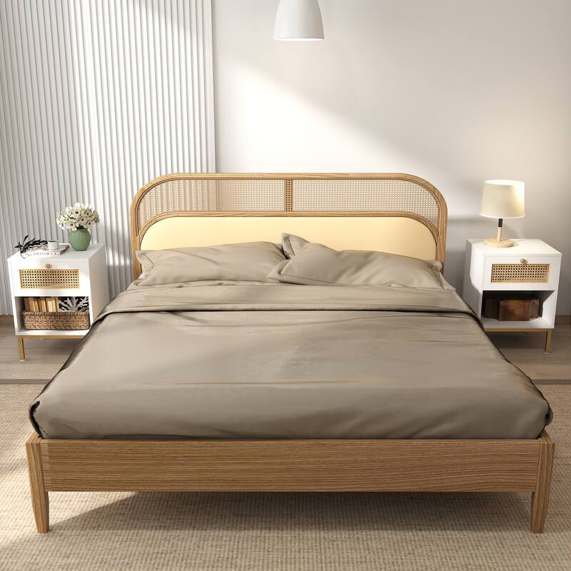 Rattan End Table/ Nightstand with Drawer, Farmhouse Boho Bed Side Table