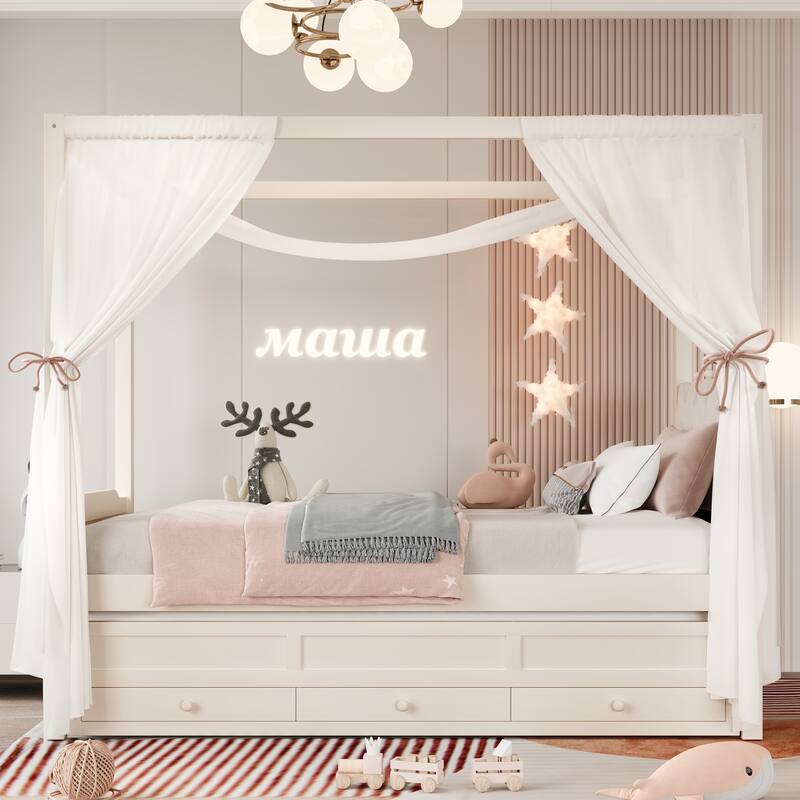 Twin Platform Bed with Upholstered Headboard, Twin Size Trundle and 3 Drawers, Princess Canopy Bed Frame for Kids