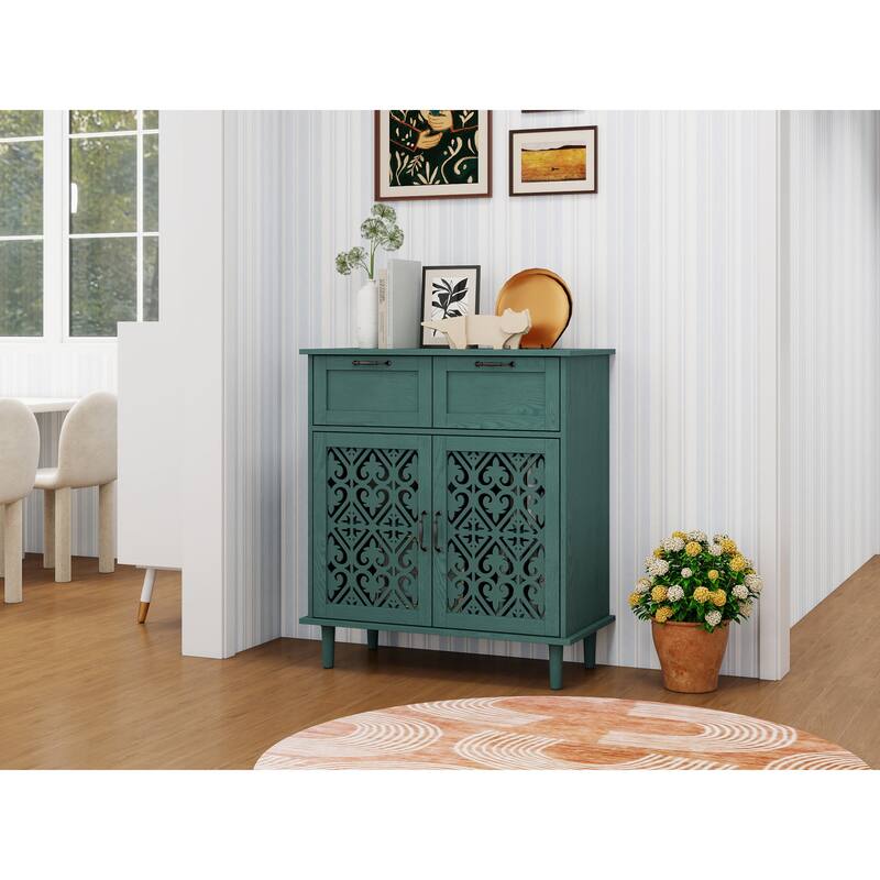 Cabinet with 2 Carved Pattern Doors & 2 Drawers, Small Entryway Storage Table, Accent Cabinet with Metal Handles & Wooden Legs