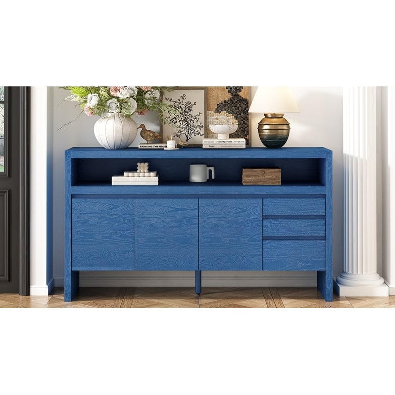 60" 3-Door Sideboard with 3 Drawers - Solid Ash Veneer MDF Sideboard, Semi-Open Shelf & Center Semi-Circular Cutout