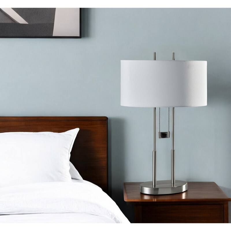 Silver Metal Base Bedside Table Lamp with Grey Linen Drum Shade Pull Chain - 6.5” x 17” x 27” (D x W x H)