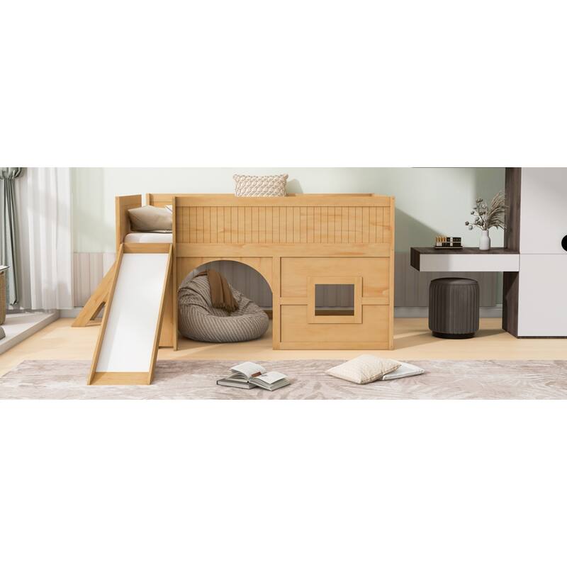 Roomfitters Full Low Loft Bed with Slide, Storage Shelves and Window Design