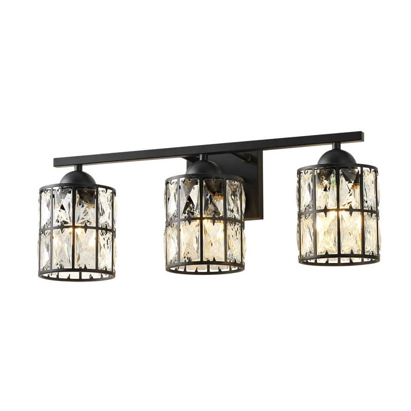 Modern 3-Light Bathroom Vanity Light in Matte Black with Clear Crystal Shades Wall Sconce Fixture