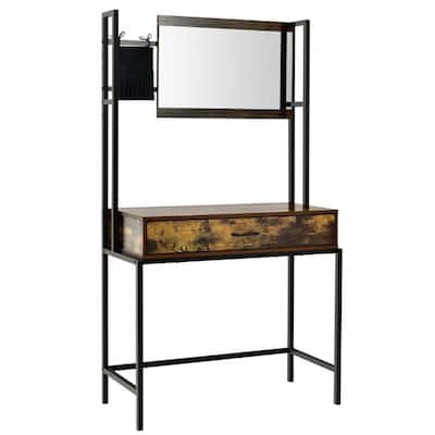 Industrial Vanity Table with 3-Height Adjustable Mirror Bag-Brown - 33" x 16" x 59"(L x W x H)