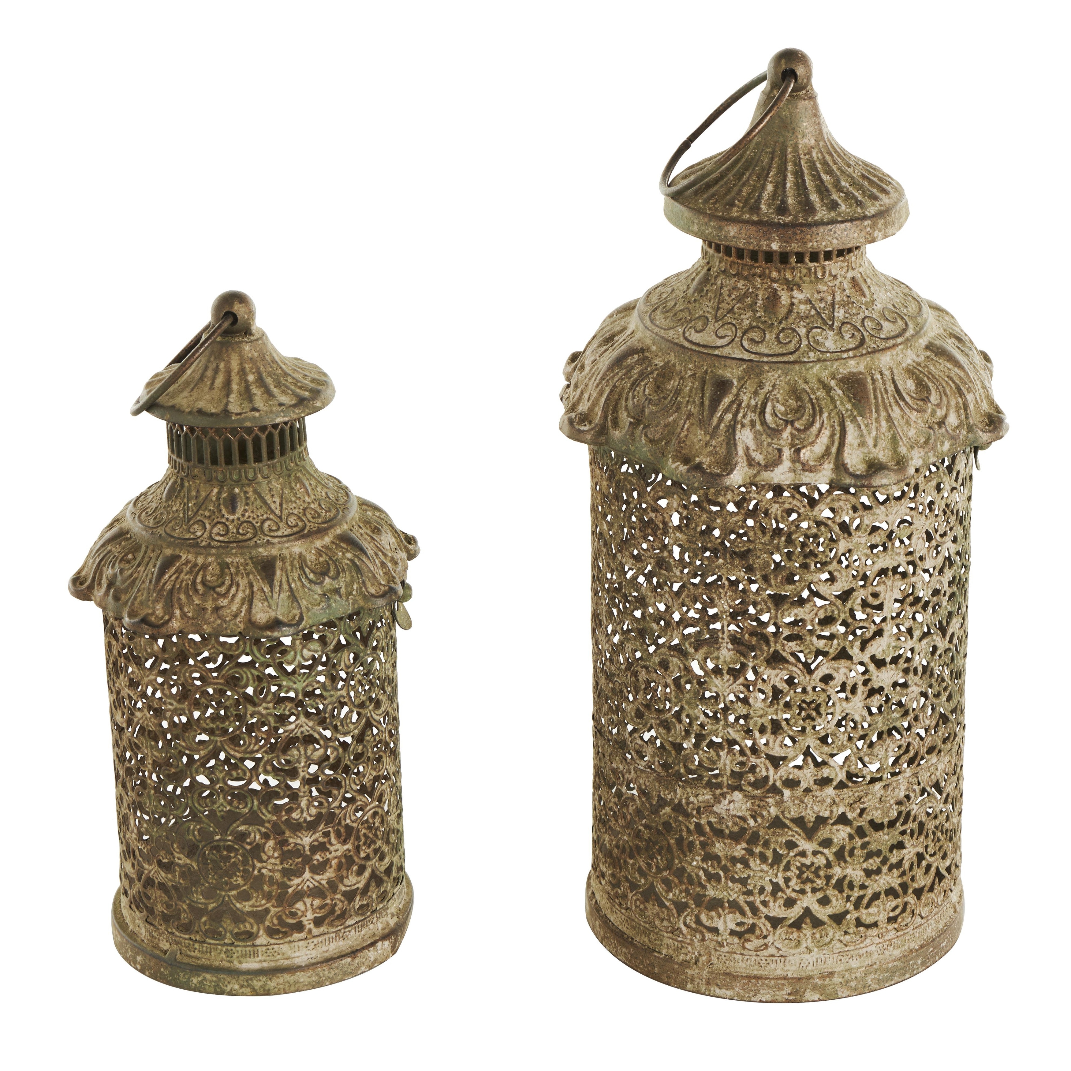 Roche River Decor - Metal Scroll Distressed Vintage Inspired Ornate Candle Lantern - Set of 2 Brown