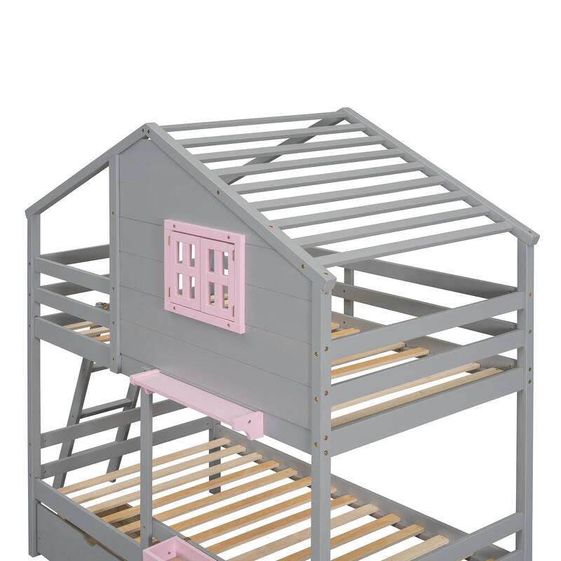 Twin Over Twin Bunk Bed with Storage, Shelf, and Window - Gray