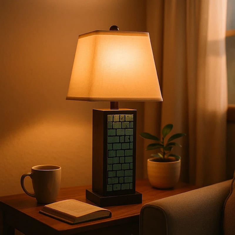 Rectangular Metal Frame Table Lamp Set of 2 with Brick Pattern, White and Blue