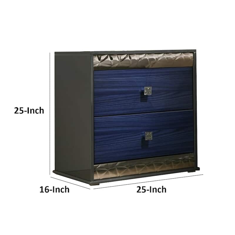 Zara Nightstand w 2 Drawers, Crystal Knobs, Ash Gray, Indigo Blue Wood