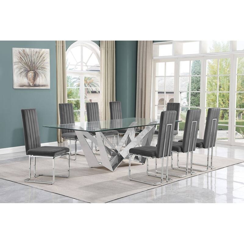 Best Quality Furniture D402/3-SC340-7 Dining Set with 94" 15mm Glass with Bevel - Dark Grey / Silver - 9-Piece