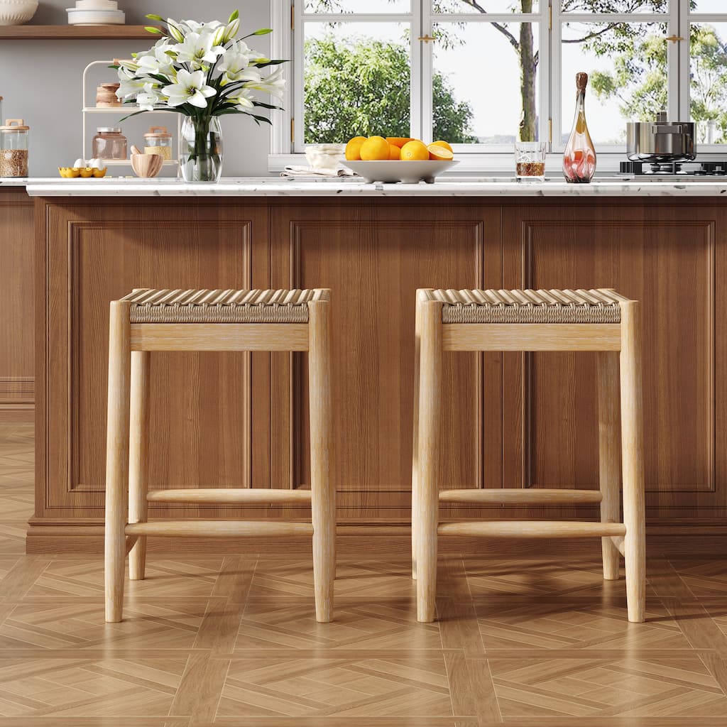 Christopher Knight Home - Veyron Acacia Wood and Wicker Backless Stools
