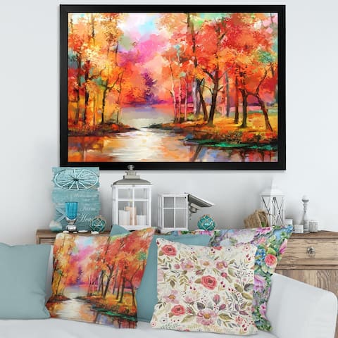 Designart 'Colorful Autumn Trees By The Lake In Autumn' Modern Framed Art Print