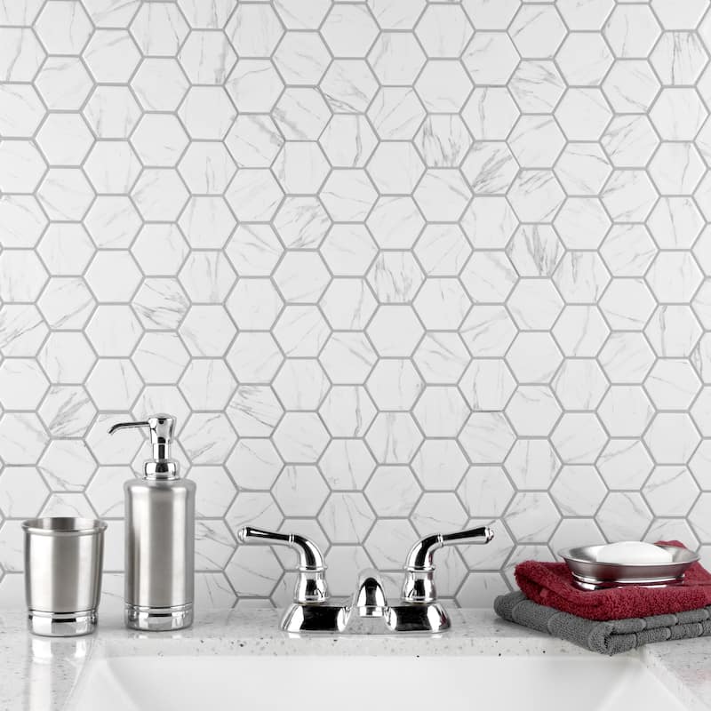 Merola Tile Flo 2" Hex White 11-1/8" x 12-5/8" Porcelain Mosaic Floor and Wall Tile