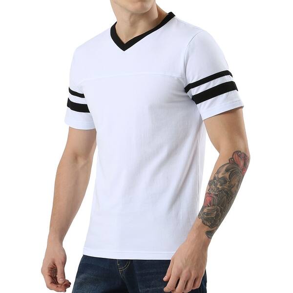 Shop Men Color Block Striped Cotton Casual Short Sleeve Tee V Neck