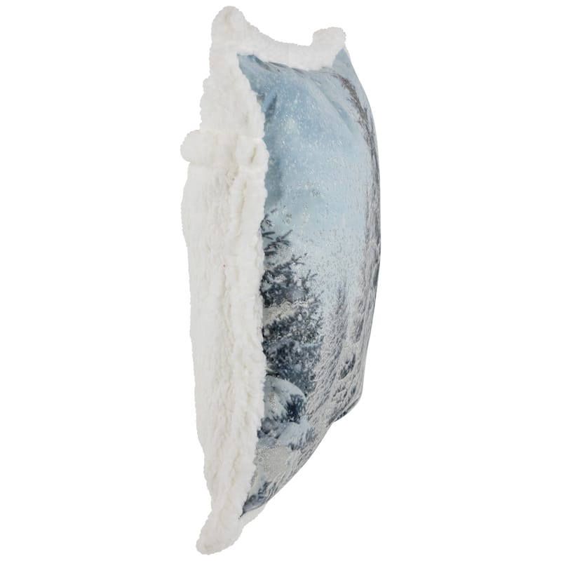 18" Sky Blue Winter Forest Scene Square Christmas Throw Pillow with High Pile Fleece Back