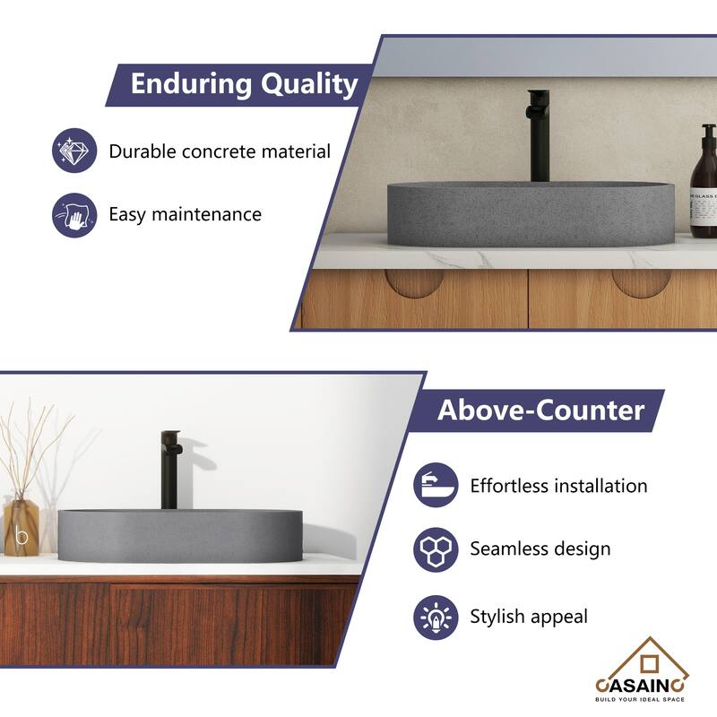 CASAINC Concrete Vessel Sink Oval Bathroom Sink Art Basin with the Same Color Drainer