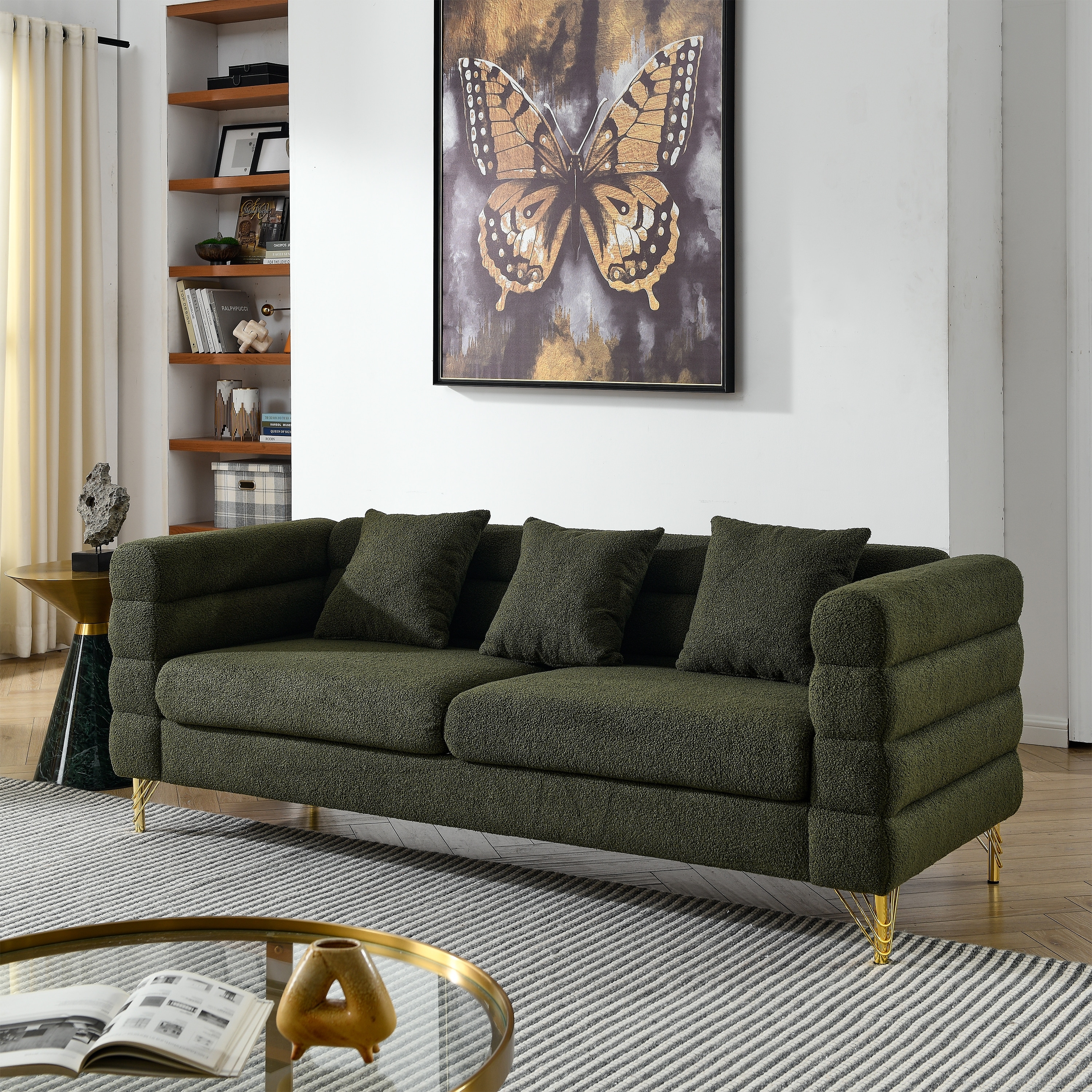 Green Teddy 3-Seater Sectional Sofa, 81" Deep Seating Couch with Pillows for Small Spaces