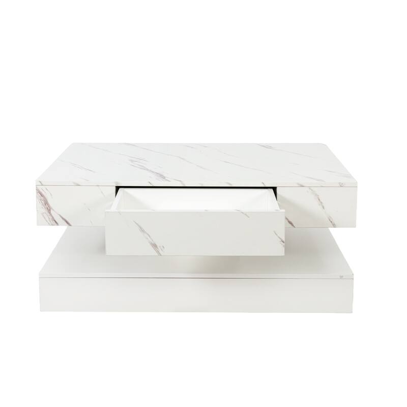 High-Glossy LED Coffee Table with 2 Drawers, Living Room Storage Tables with Marbling Print, Stylish Double-Layer Center Tables