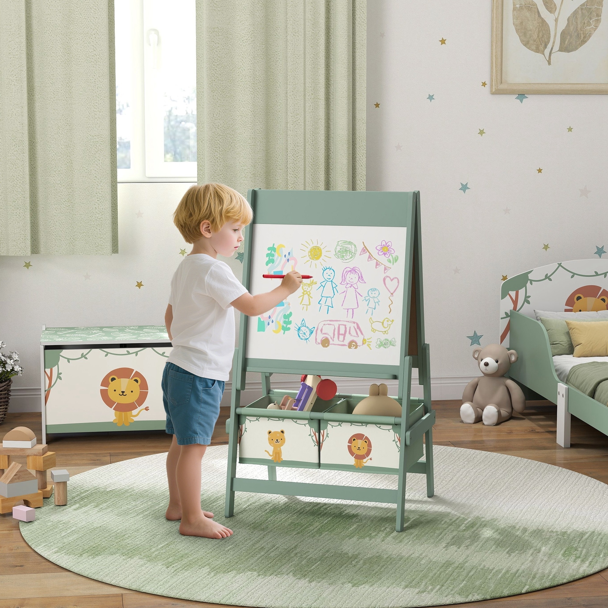 Qaba Art Easel for Kids with Paper Roll, 3 in 1 Toddler Painting Easel with Blackboard, Whiteboard, Storage Baskets
