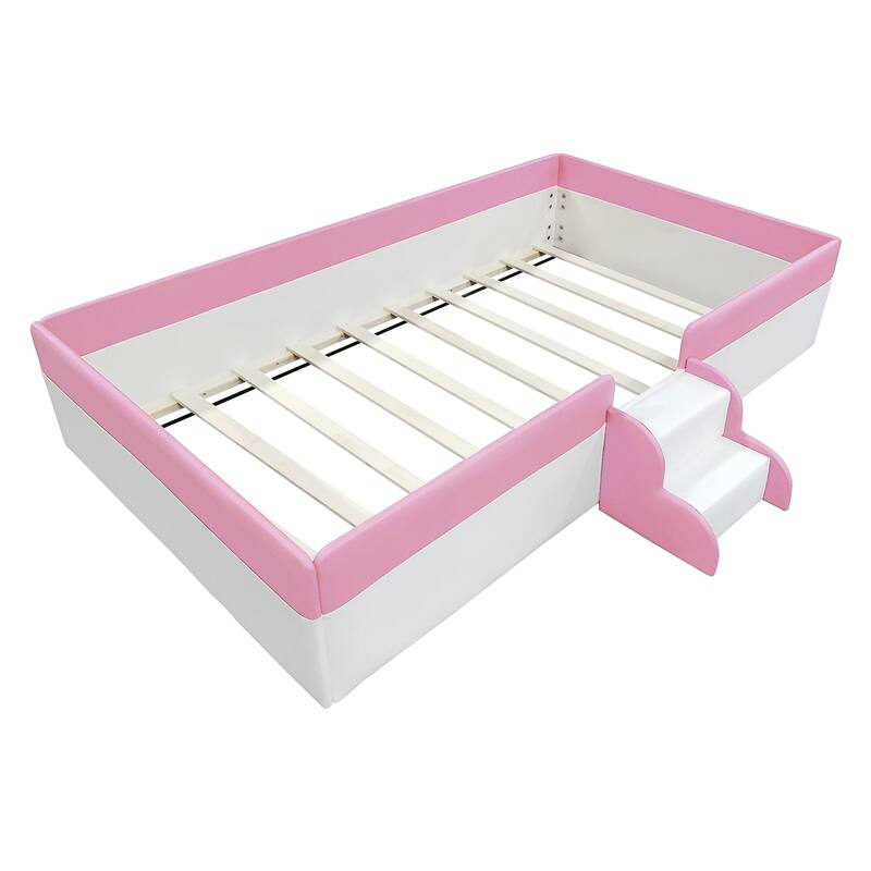 Upholstered Floor Bed Fence Bed Slat Platform Bed with Fence and Second Level Ladder, Anti-collision Frame for Kids Toddler