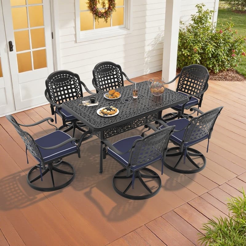 7-Piece Aluminum Rectangular Outdoor Patio Dining Set, 6 Cushioned Swivel Chairs, Table, All-Weather Frames