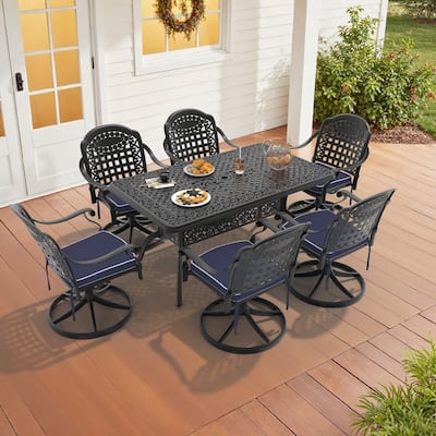 7-Piece Aluminum Rectangular Outdoor Patio Dining Set, 6 Cushioned Swivel Chairs, Table, All-Weather Frames