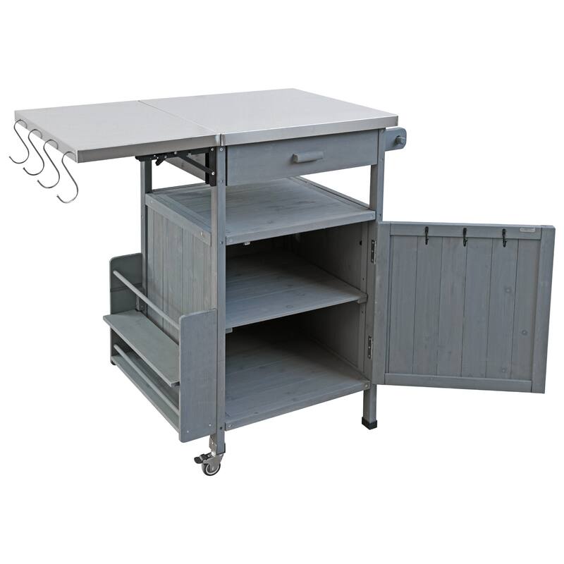 Kitchen Island w/Drop Leaf, Drawer, Towel Rack and Stainless Steel Top w/Wood Storage Cabinet, Rolling Cart for Kitchen Garden