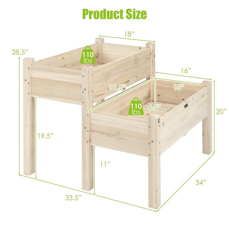 2-Tier Raised Garden Bed with Fir Wood and Drainage Holes for Plants - 34" x 33.5" x 28.5" (L x W x H)