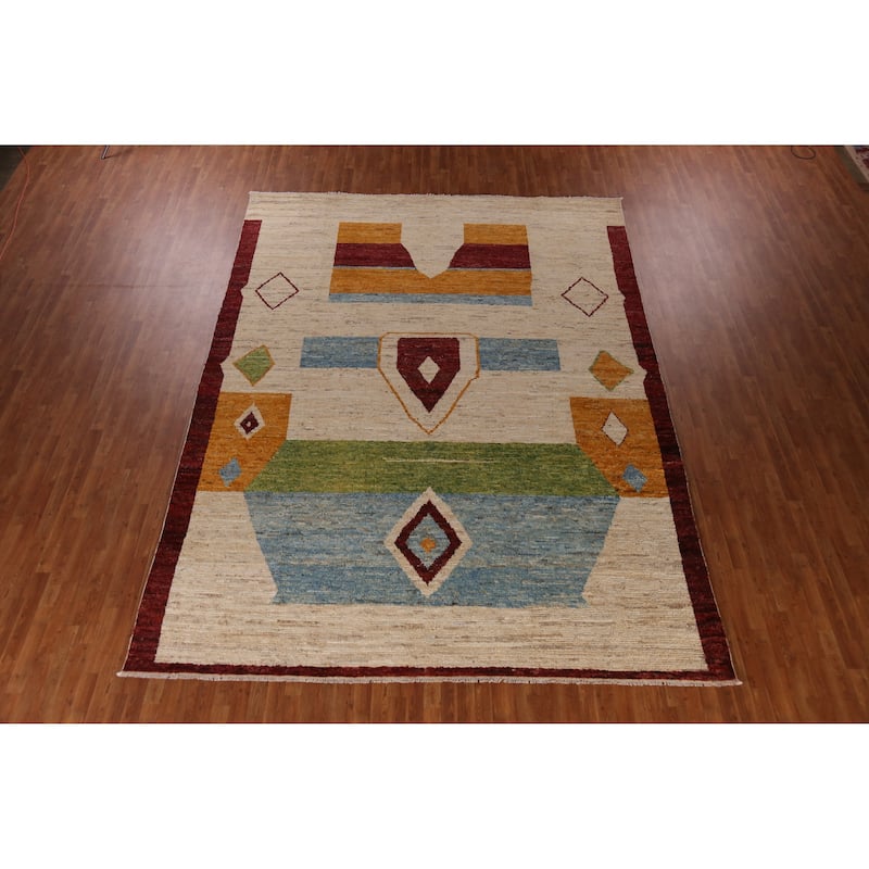 Moroccan Oriental Large Rug Handmade Modern Beige Wool Carpet - 9'11" x 13'8"