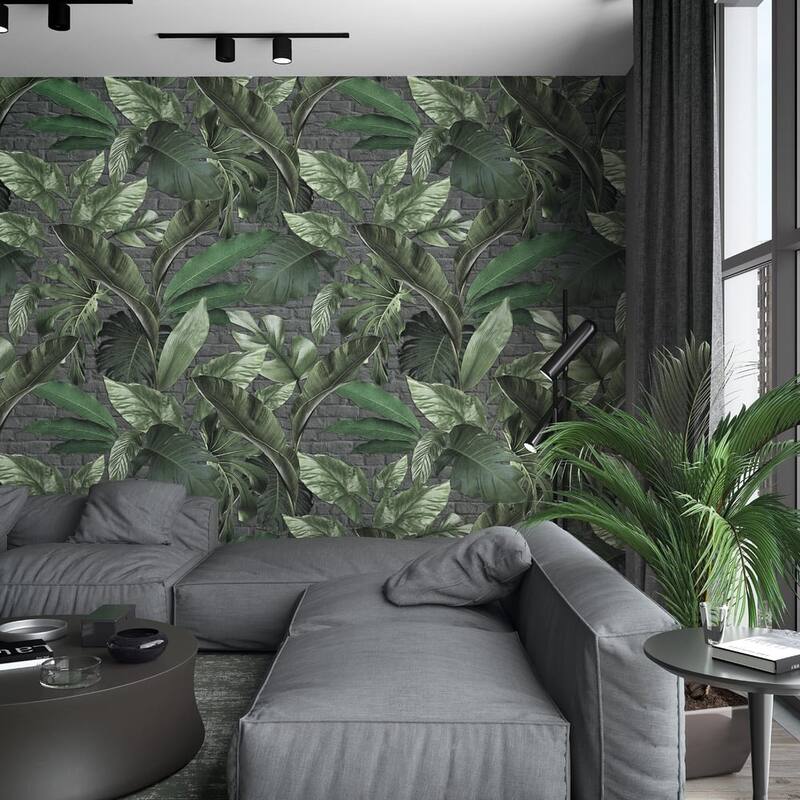 Galerie Wallcoverings The Loft Collection Tropical Leaf Brick 3-Panel Wall Mural