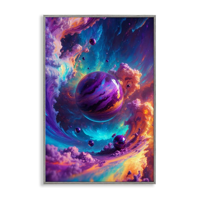 Stupell Surreal Planets with Chromatic Clouds Framed Giclee Art Design By Wumples - 16 x 24 - Grey