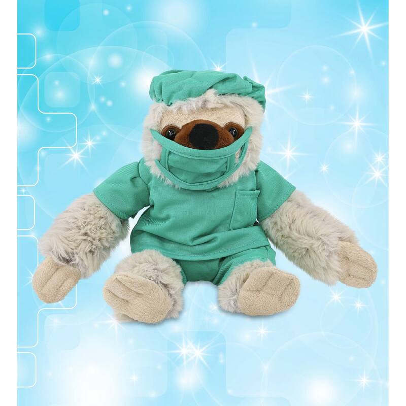DolliBu Sloth Doctor Plush Toy with Cute Scrub Uniform and Cap Outfit - 7.5 inches