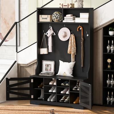 43.3" Entryway Bench with Coat Rack, 3-in-1 Design, Adjustable Shelves, Hall Tree with 7 Hooks for Entrance, Living Room