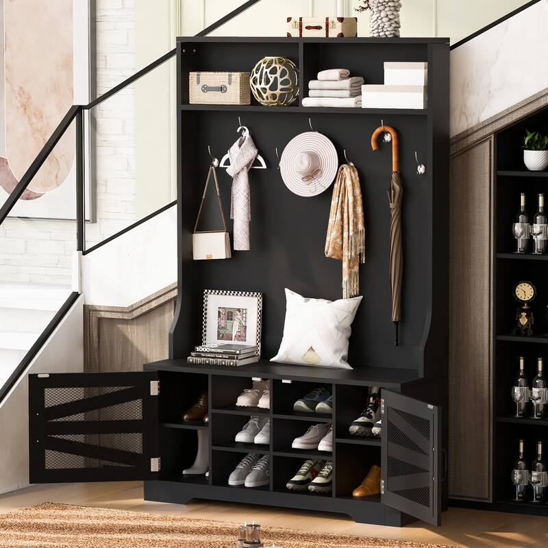 Breathable Hall Tree Cabinet Coat Rack with Adjustable Shelves & Bench Seat, Shoe Storage Cabinet with Wire Mesh Door