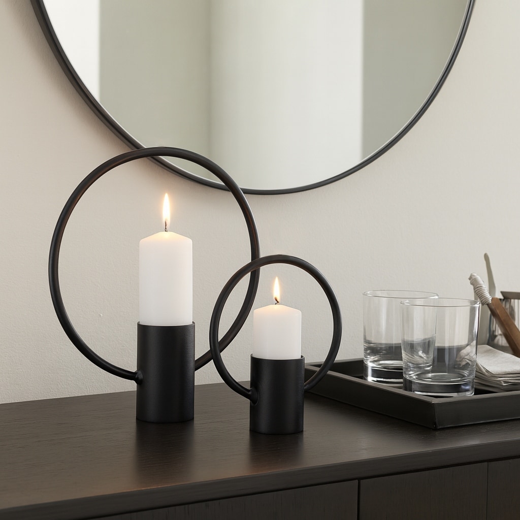 Metal Circular Ring Candle Holders Set - Black, 13/19 in. - 19.0"