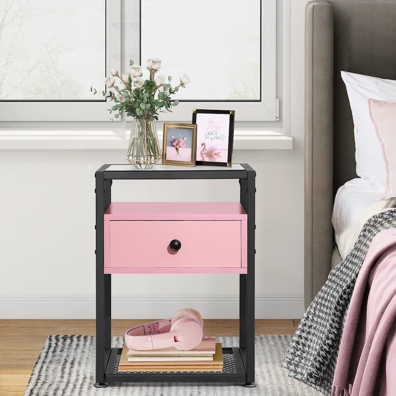 VECELO Modern 1- Drawer Nightstands with Tempered Glass Top