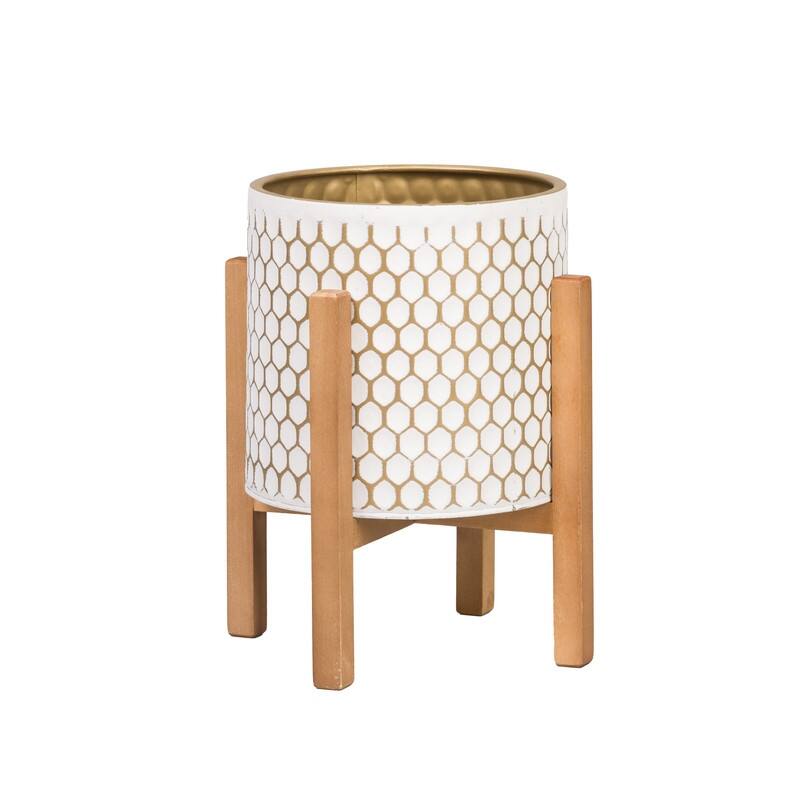 Honeycomb Mid-Century Modern Indoor Metal Pot Planter with 4-Leg Wood Base