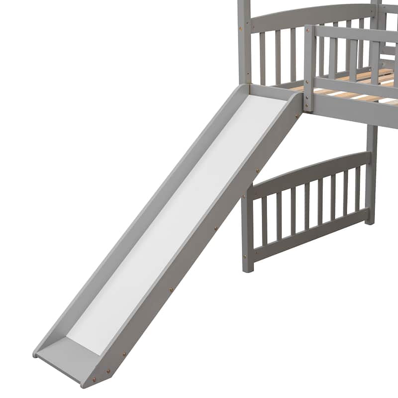 Twin Size Wooden Loft Bed with Slide and Ladder, House Shaped Solid Pinewood Low Loftbed Frame with Under Bed Play Space