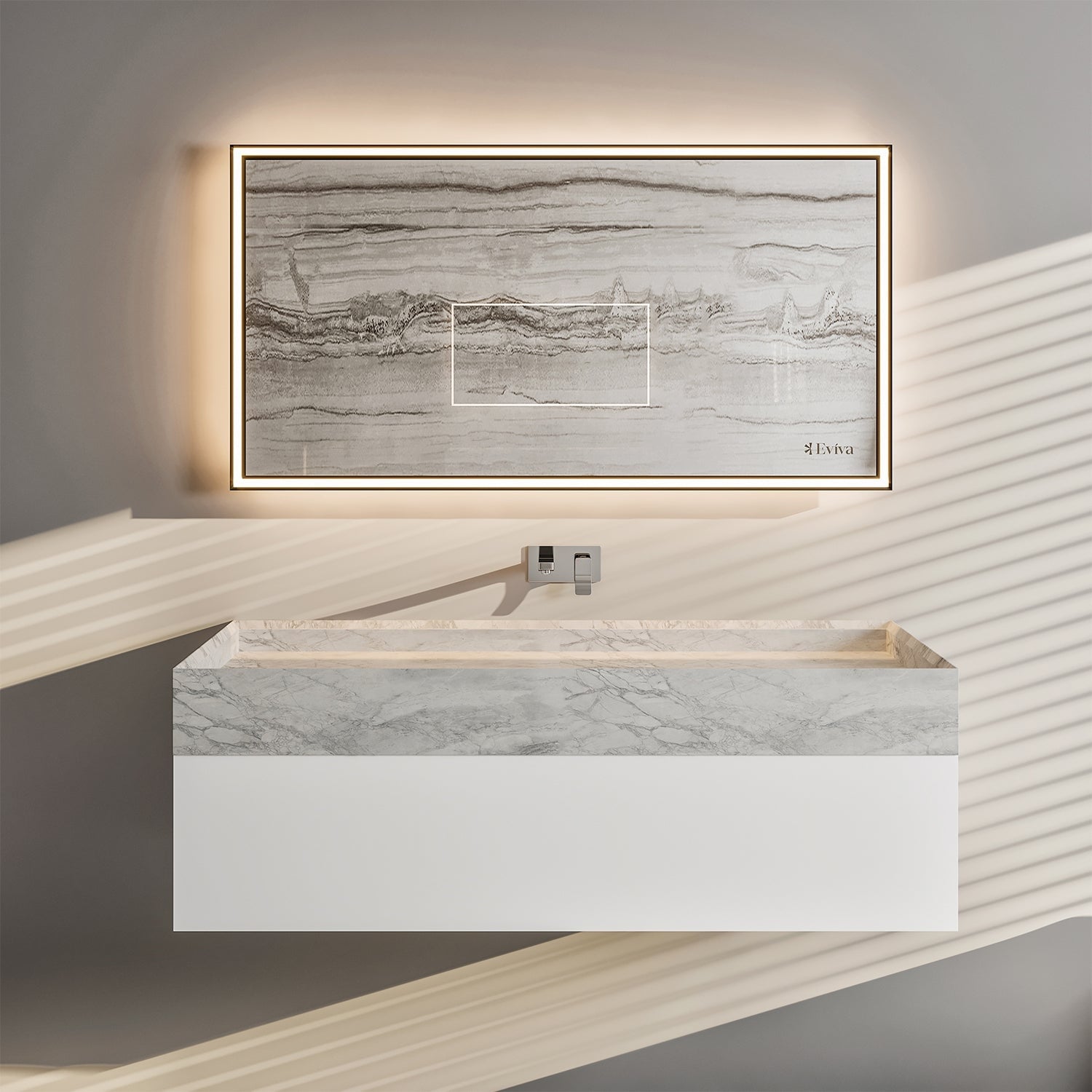 Eviva Fritti 36 in. W x 19 in. D x 12.5 in. H Bathroom Vanity in White with White Carrara Marble Top with Trough Sink