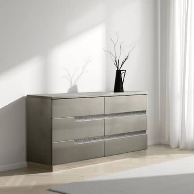 Theo Wide Dresser, 6 Drawers, Retro Style Gold Handles, Black 59 Inch