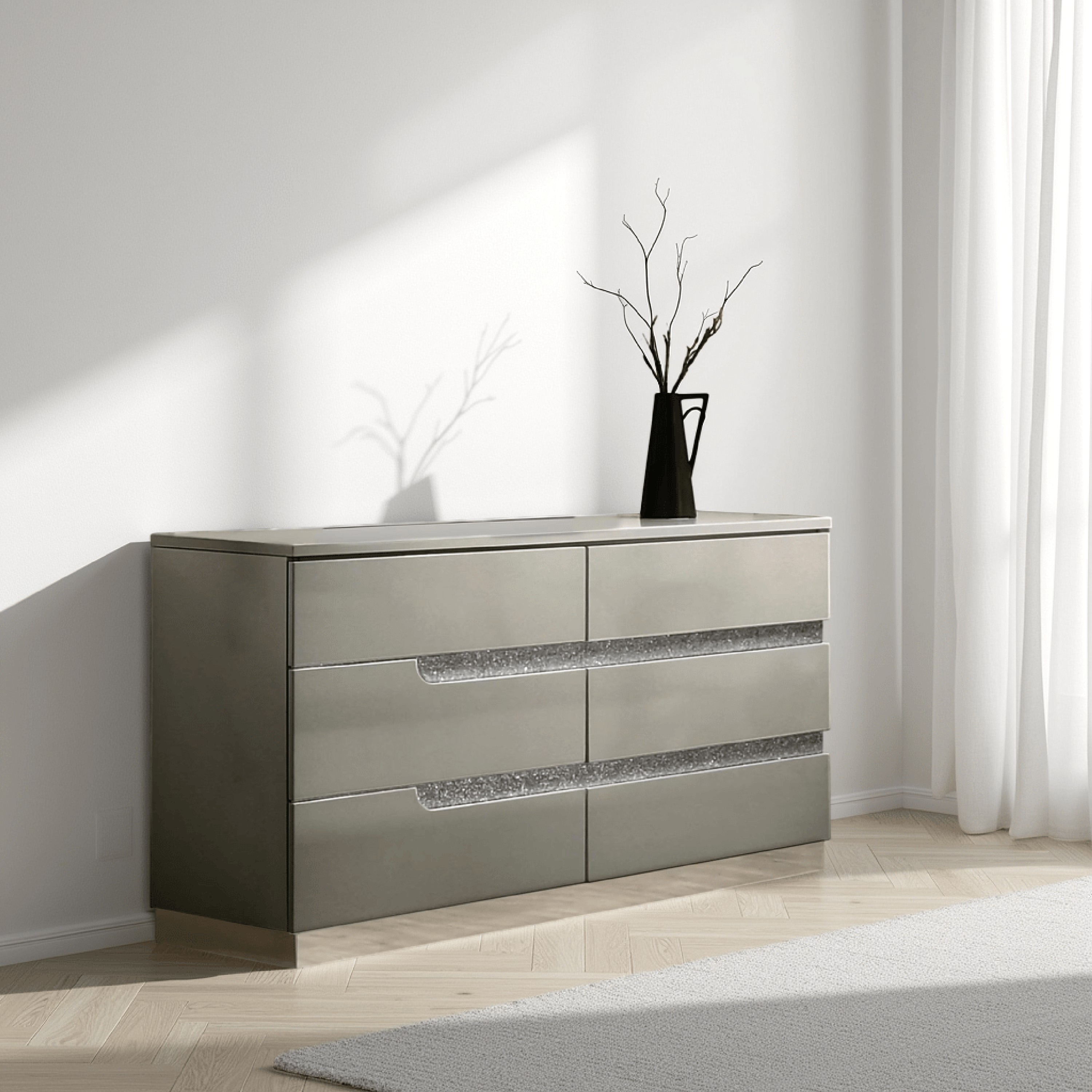 Benjara Theo Wide Dresser, 6 Drawers, Retro Style Gold Handles, Black 59 Inch