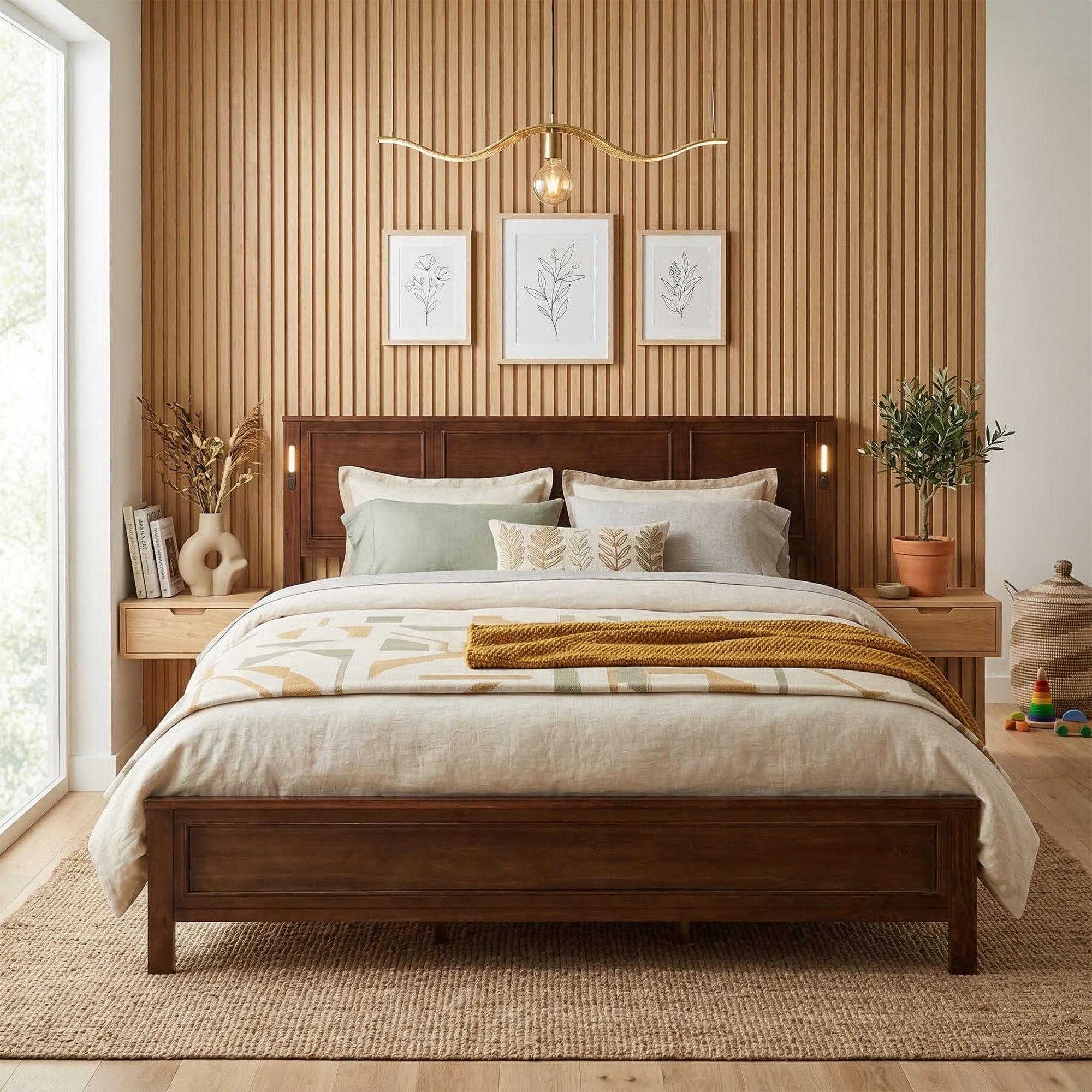 Javlergo Pine Wood Platform Bed with Tall Headboard USB Charging Station LED Lights No Box Spring Needed 9" Underbed Storage