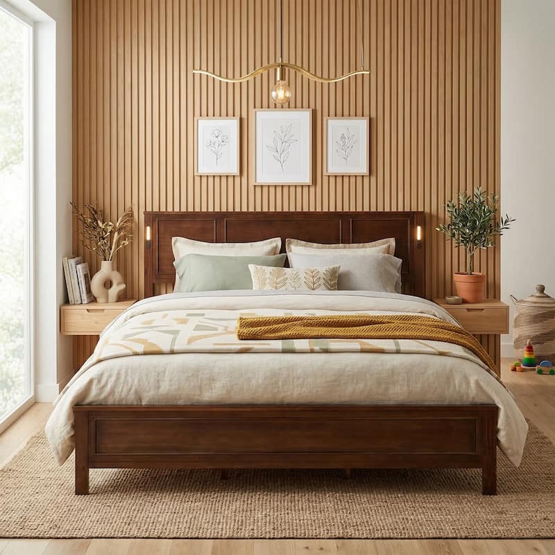 Javlergo Pine Wood Platform Bed with Tall Headboard USB Charging Station LED Lights No Box Spring Needed 9" Underbed Storage - Walnut - King