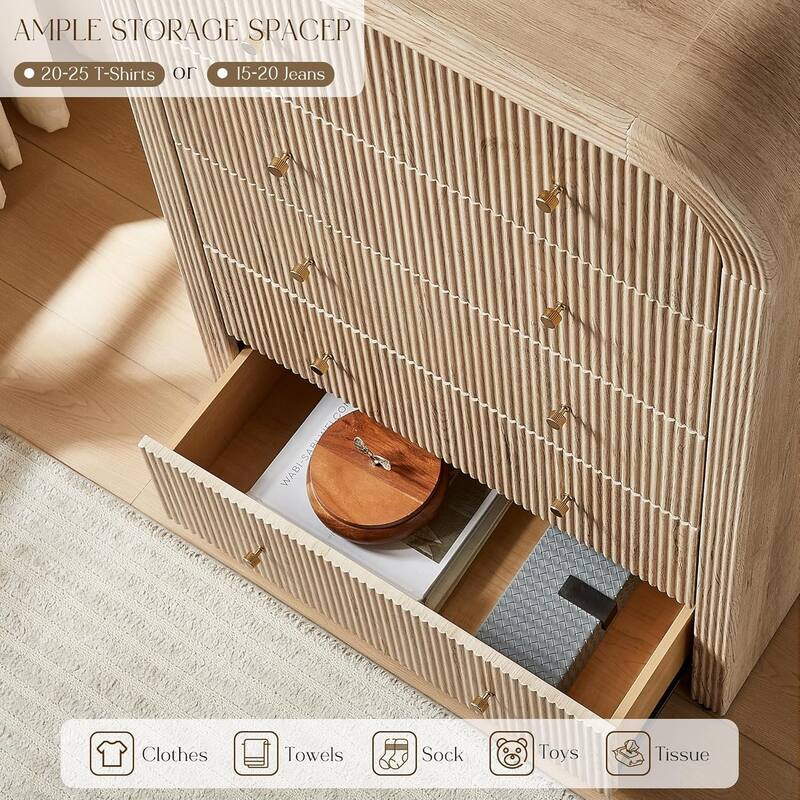 Modern Fluted 5 Drawers Dresser, Wood Chest of Drawers for Bedroom